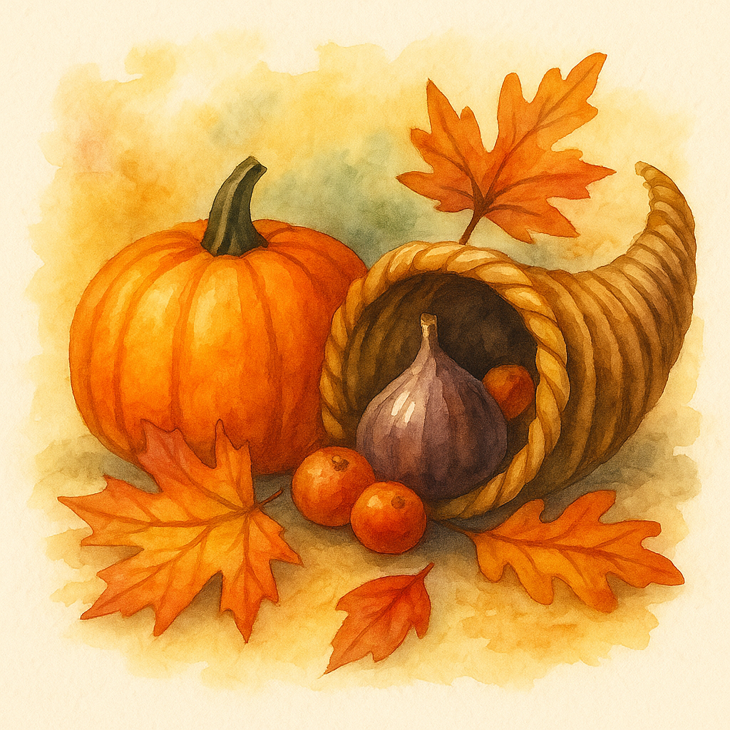 Watercolor pumpkin, cornucopia, and leaves